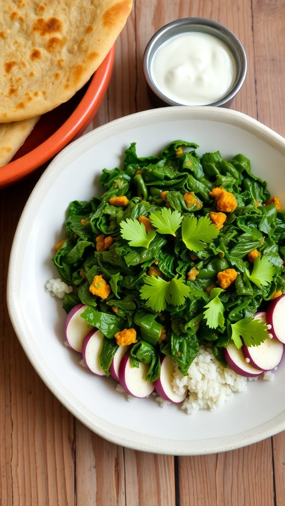 A colorful serving of Kale Hanuman Ji with spices and coriander, accompanied by roti and yogurt on a wooden table.